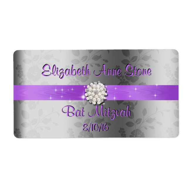 Söt sexton, lila & pärlor Vattenflasketiketter Fraktsedel (Framsidan)