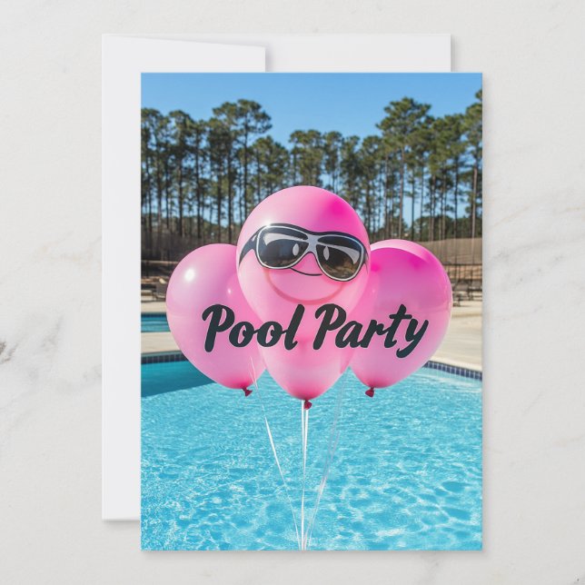 Söt Sexton Poolparty Rosa Ballonger Inbjudningar (Framsida)