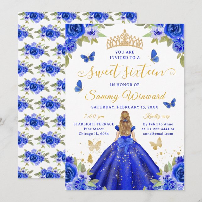 Söt sexton prinsessa blå blommig guldtiara inbjudningar (Fram/baksida)