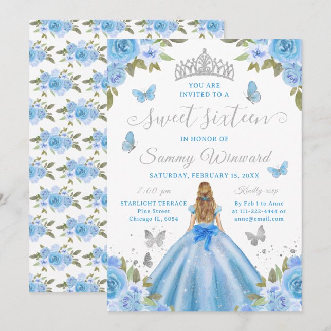 Söt sexton prinsessa blå blommig silver tiara inbjudningar (Fram/baksida)