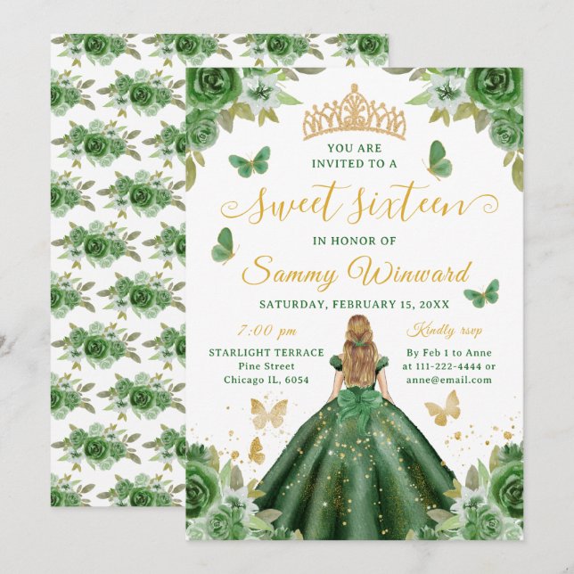 Söt sexton prinsessa grön blommig guld tiara inbjudningar (Fram/baksida)