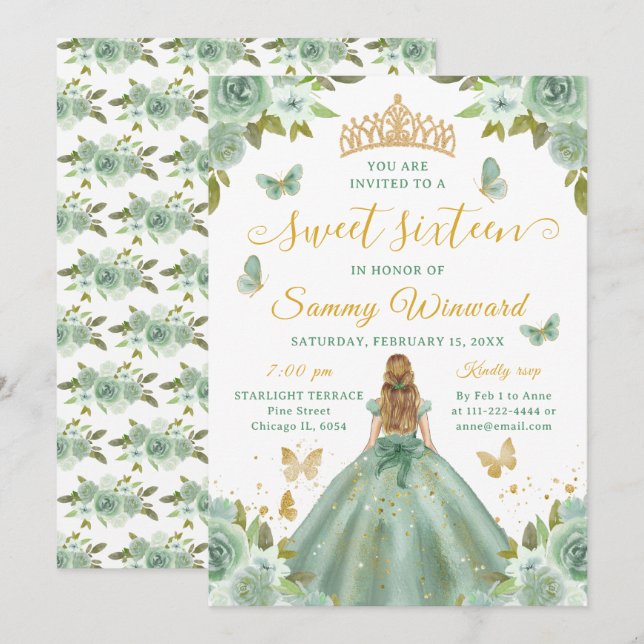 Söt sexton prinsessa grön blommig guld tiara inbjudningar (Fram/baksida)