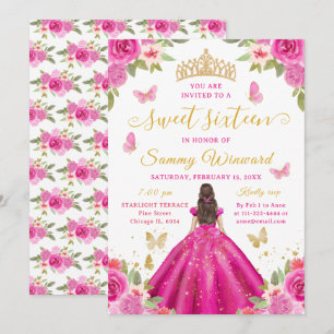 Söt sexton prinsessa Hot Pink Blommig Guld Tiara Inbjudningar