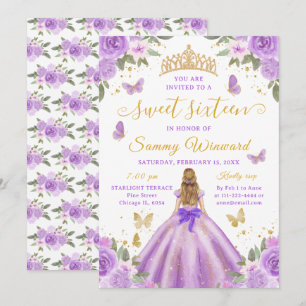 Söt sexton prinsessa lila blommig gul tiara inbjudningar