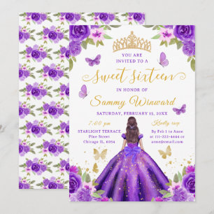 Söt sexton prinsessa lila blommig guldtiara inbjudningar