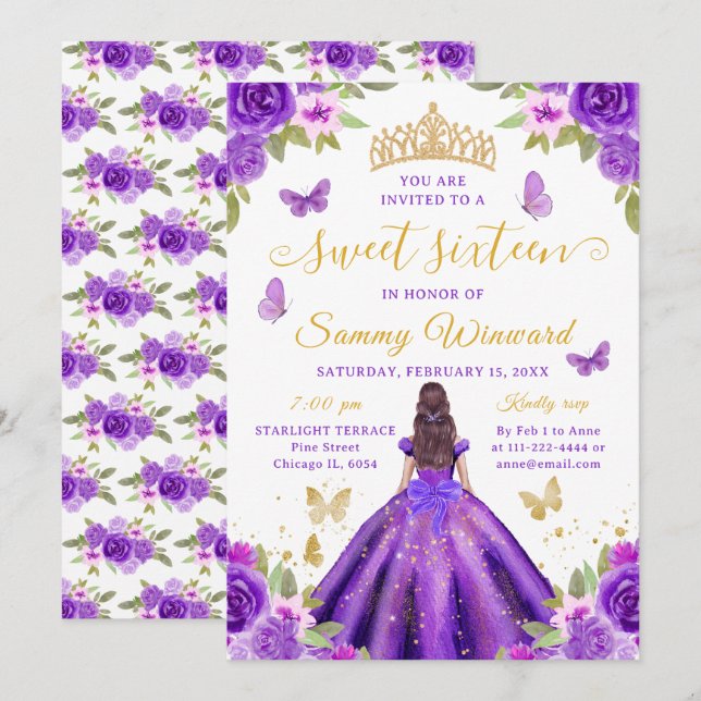 Söt sexton prinsessa lila blommig guldtiara inbjudningar (Fram/baksida)