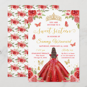Söt sexton prinsessa röd blommig gul tiara inbjudningar