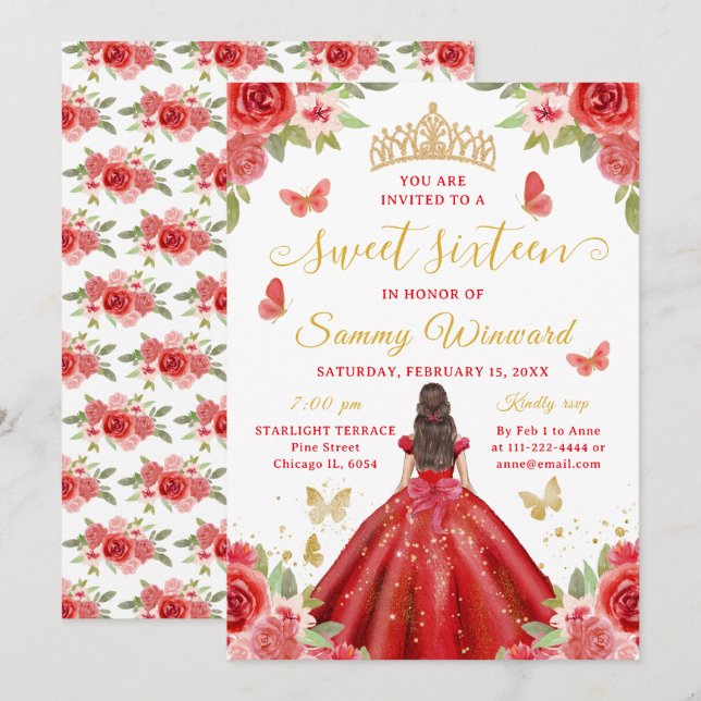 Söt sexton prinsessa röd blommig gul tiara inbjudningar (Fram/baksida)