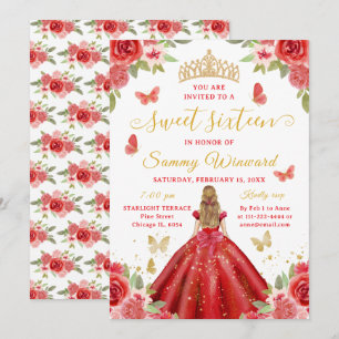 Söt sexton prinsessa röd blommig gul tiara inbjudningar