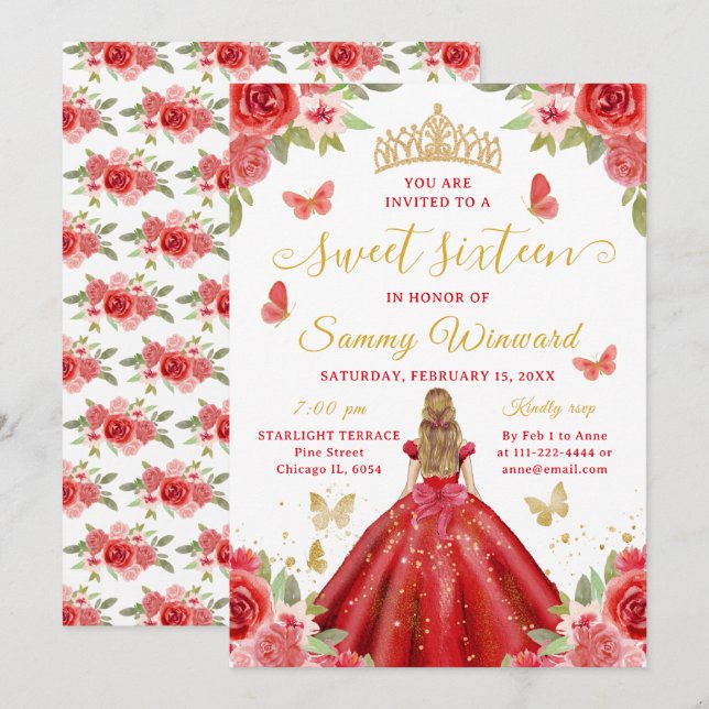 Söt sexton prinsessa röd blommig gul tiara inbjudningar (Fram/baksida)