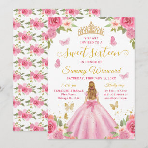 Söt sexton prinsessa rosa blommig guldkrona inbjudningar