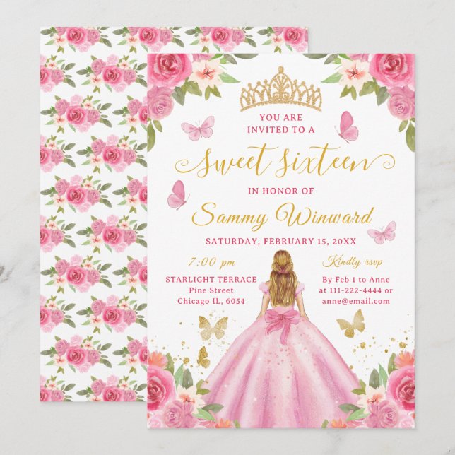 Söt sexton prinsessa rosa blommig guldkrona inbjudningar (Fram/baksida)