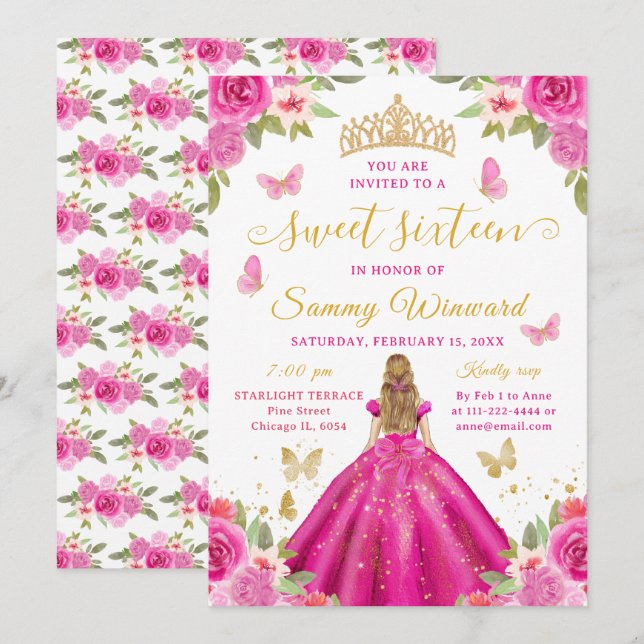 Söt sexton prinsessa rosa blommig guldkrona inbjudningar (Fram/baksida)
