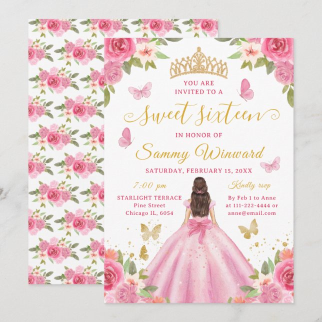 Söt sexton prinsessa rosa blommig guldkrona inbjudningar (Fram/baksida)