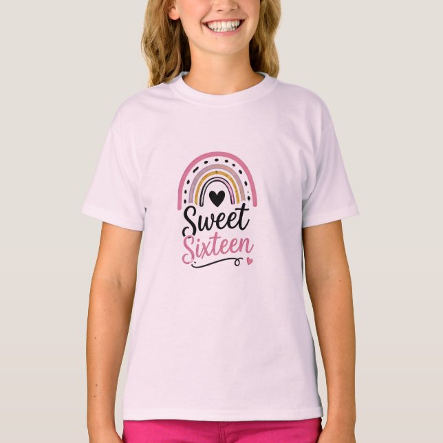 Söt sexton regnbåge hjärta grafisk tonårströja t shirt (Framsida)