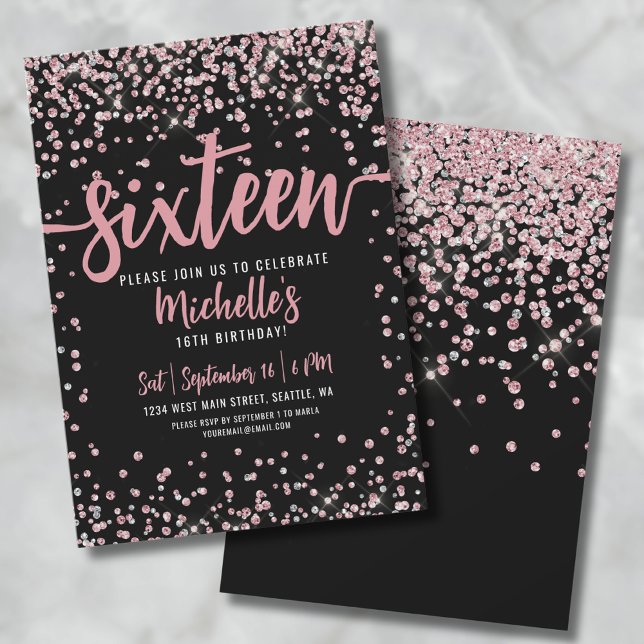 Söt Sexton Rosa Guldglitter 16-årsdag Inbjudningar (16th Rose Gold Glitter Sweet Sixteen Birthday Invitation)