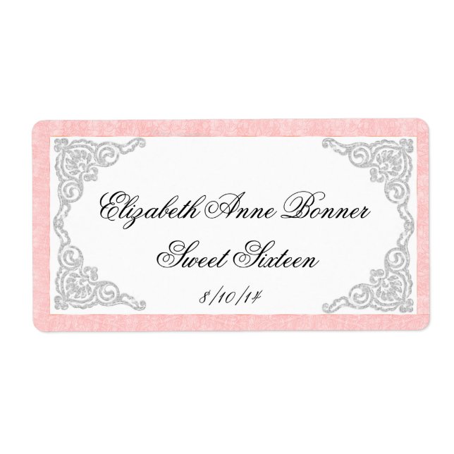 Söt sexton rosa och silver vattenflasketiketter fraktsedel (Framsidan)