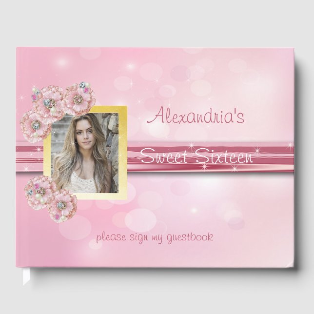 Söt sexton, rosa satin, Bokeh, gästbok (Framsida)