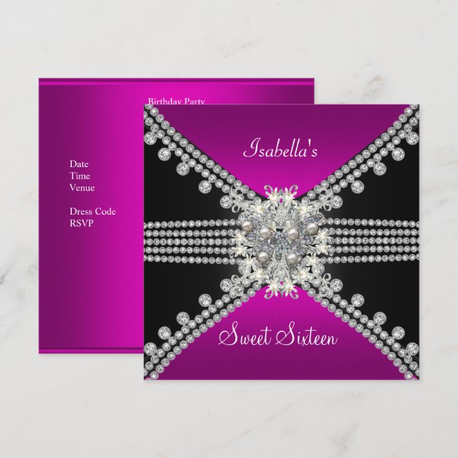 Söt sexton Söt 16 Fjäril Hetrosa Svart Inbjudningar (Fram/baksida)