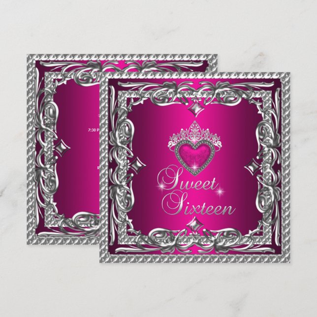 Söt sexton Söt 16 Glitter Rosa Silver Tiara Inbjudningar (Fram/baksida)