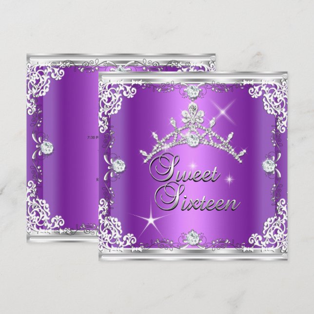 Söt sexton söt 16 lila silver diamant tiara inbjudningar (Fram/baksida)