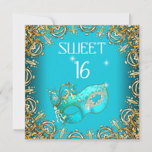 Söt sexton Söt 16 maskerad guld teal Inbjudningar