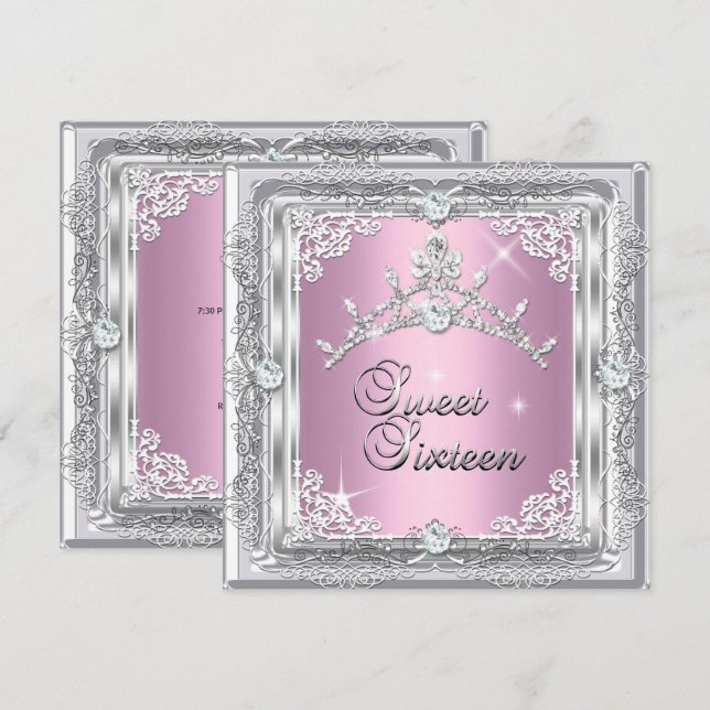 Söt sexton söt 16 rosa silver diamant tiara inbjudningar (Fram/baksida)