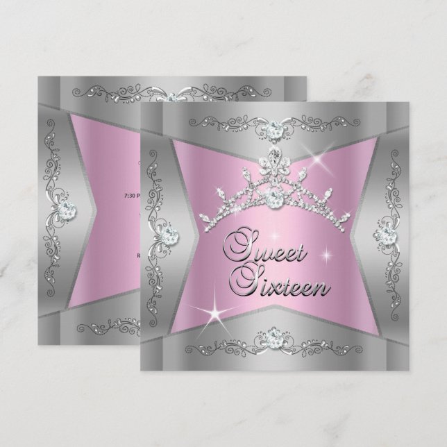 Söt sexton söt 16 rosa silver tiara inbjudningar (Fram/baksida)
