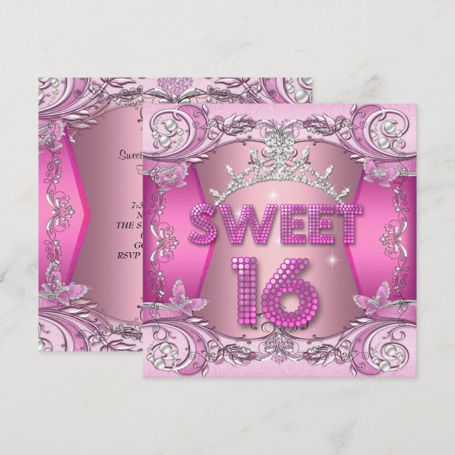 Söt sexton Söt 16 Rosa Silver Tiara Inbjudningar (Fram/baksida)