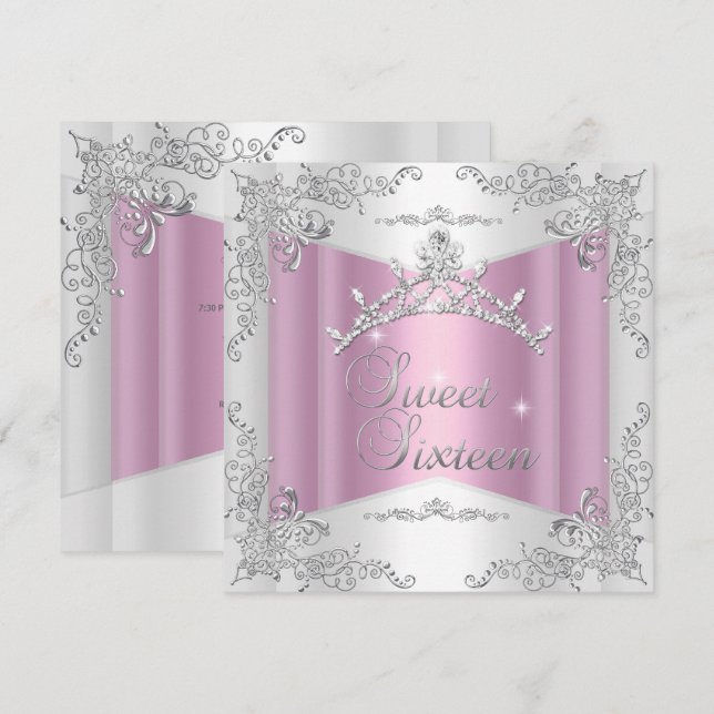 Söt sexton söt 16 rosa vit silver tiara inbjudningar (Fram/baksida)