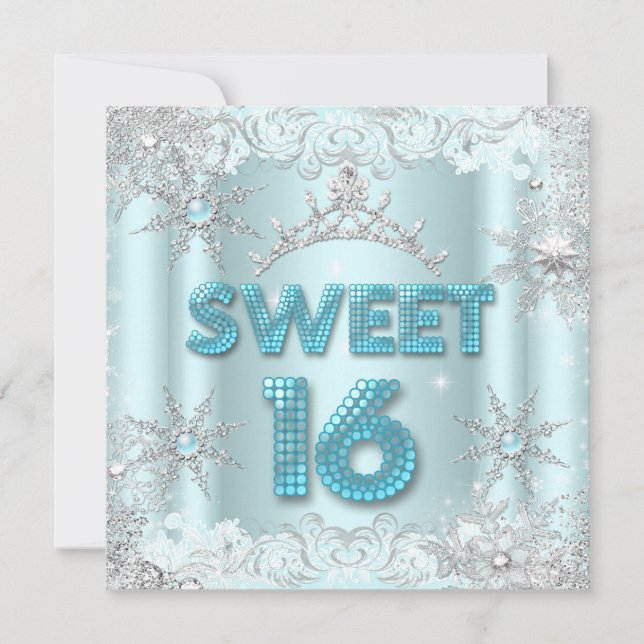 Söt sexton söt 16 teal snöflinga Silver  2 Inbjudningar (Framsida)