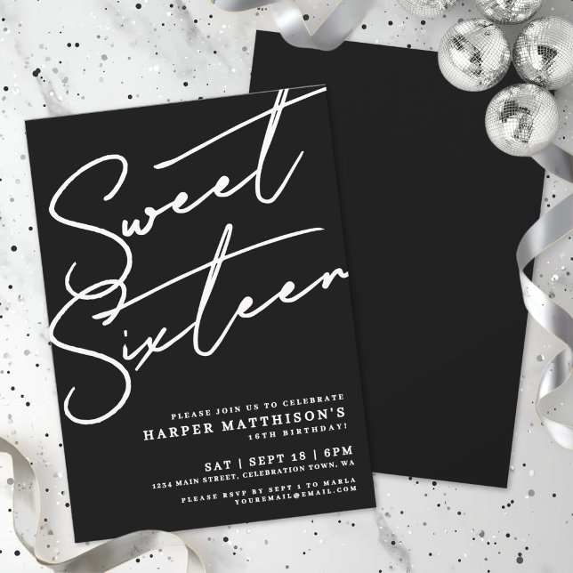 Söt Sexton Svart 16-årsdag Inbjudningar (Sweet Sixteen Black 16th Birthday Invitation)
