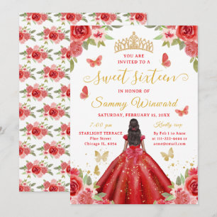 Söt sexton Svart prinsessa Röd blomsterdiadem Inbjudningar