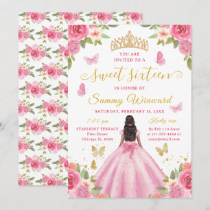Söt sexton Svart prinsessa Rosa blomster tiara Inbjudningar