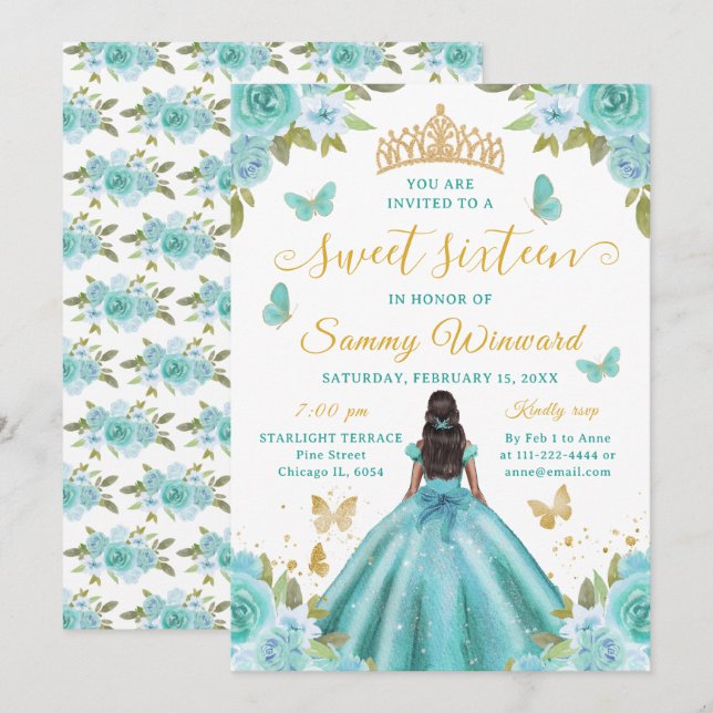 Söt sexton Svart Prinsessa Turkos Tiara Inbjudningar (Fram/baksida)