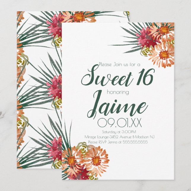 Söt sexton vattenfärg blommig persika grön inbjudningar (Fram/baksida)