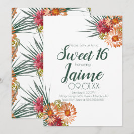Söt sexton vattenfärg blommig persika grön inbjudningar