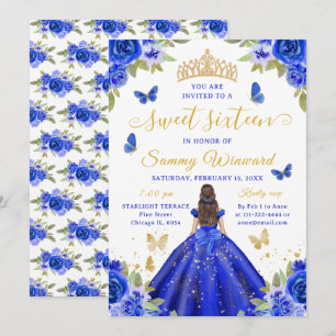 Söt sextonårs prinsessa Blå Blommig Guld Tiara Inbjudningar
