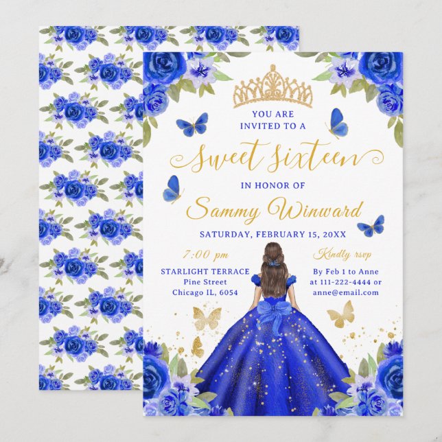 Söt sextonårs prinsessa Blå Blommig Guld Tiara Inbjudningar (Fram/baksida)