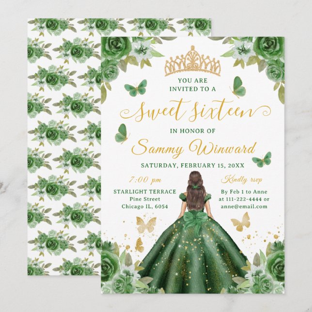 Söt sextonårs prinsessa grön blommig guldtiara inbjudningar (Fram/baksida)