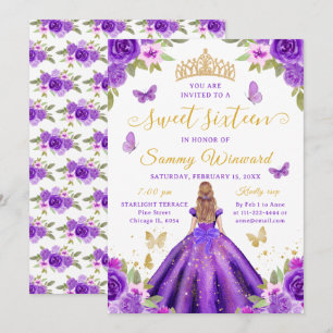 Söt sextonårs prinsessa lila blommig gul tiara inbjudningar