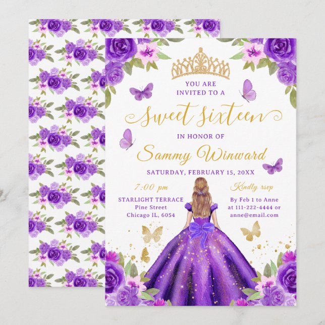 Söt sextonårs prinsessa lila blommig gul tiara inbjudningar (Fram/baksida)