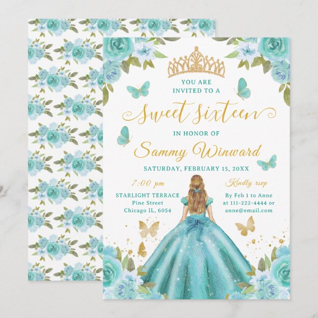 Söt sextonårs prinsessa turkos blommig guldtiara inbjudningar (Fram/baksida)