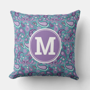 Söt shabby chic lila och blå paisleymonogram kudde
