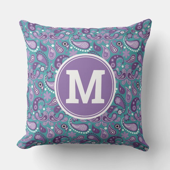 Söt shabby chic lila och blå paisleymonogram kudde (Framsida)