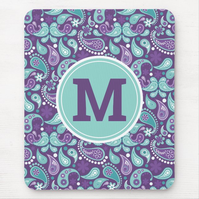 Söt shabby chic lila och blå paisleymonogram musmatta (Framsidan)