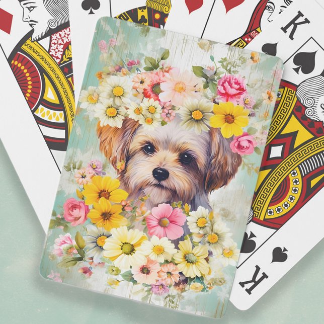 Söt shabby chic malteser hund blommor casinokort (Maltese dog shabby chic floral playing cards)