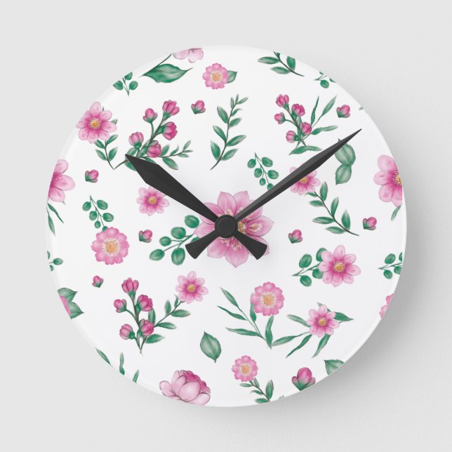 Söt Shabby chic Rosa Blommigt Illustration Rund Klocka (Framsida)