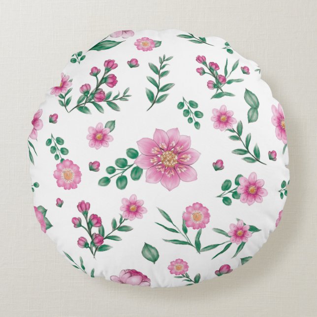 Söt Shabby chic Rosa Blommigt Illustration Rund Kudde (Framsidan)