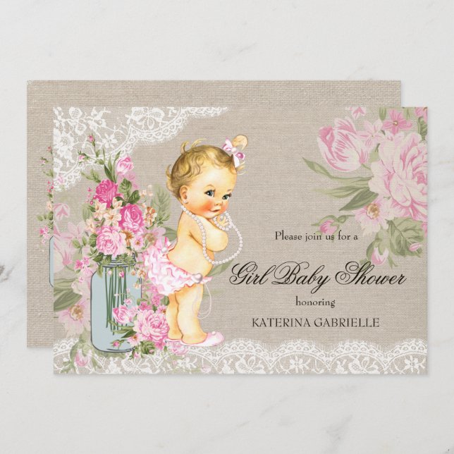 Söt Shabby Snöre Blommigt  Baby Shower Blonde Inbjudningar (Fram/baksida)